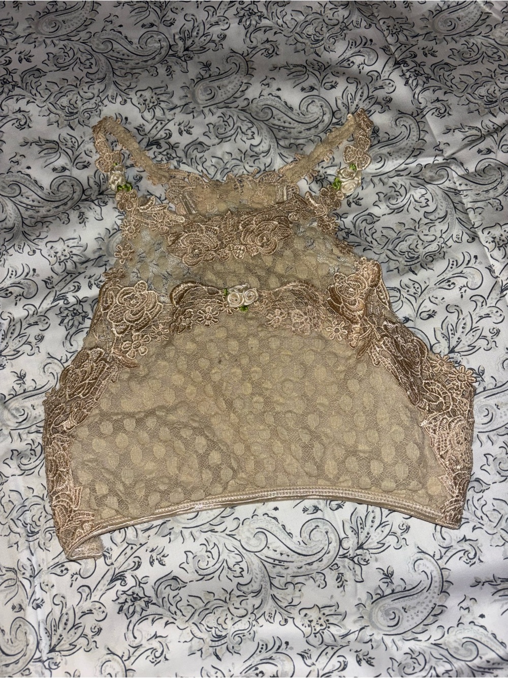 Vintage Style Beige Floral Lace Applique Cami Top Size Medium